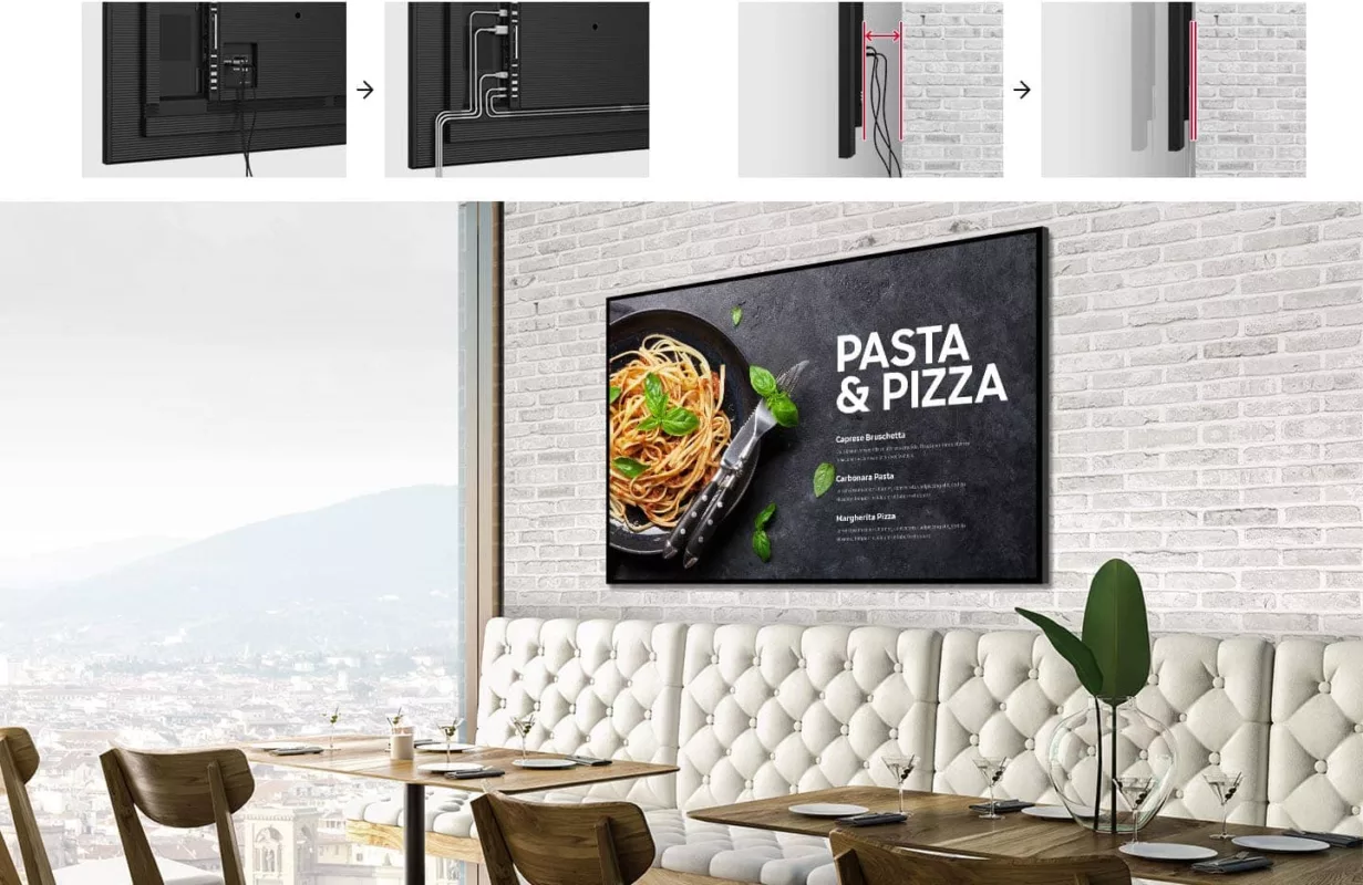 Retail Digital Signage & Advertising Displays Narrow bezels and a symmetrical design allow for seamless integration into any environment with simplified mounting and installation. To maximize space savings, all terminals face outwards, ensuring the display hangs flush against any wall.
